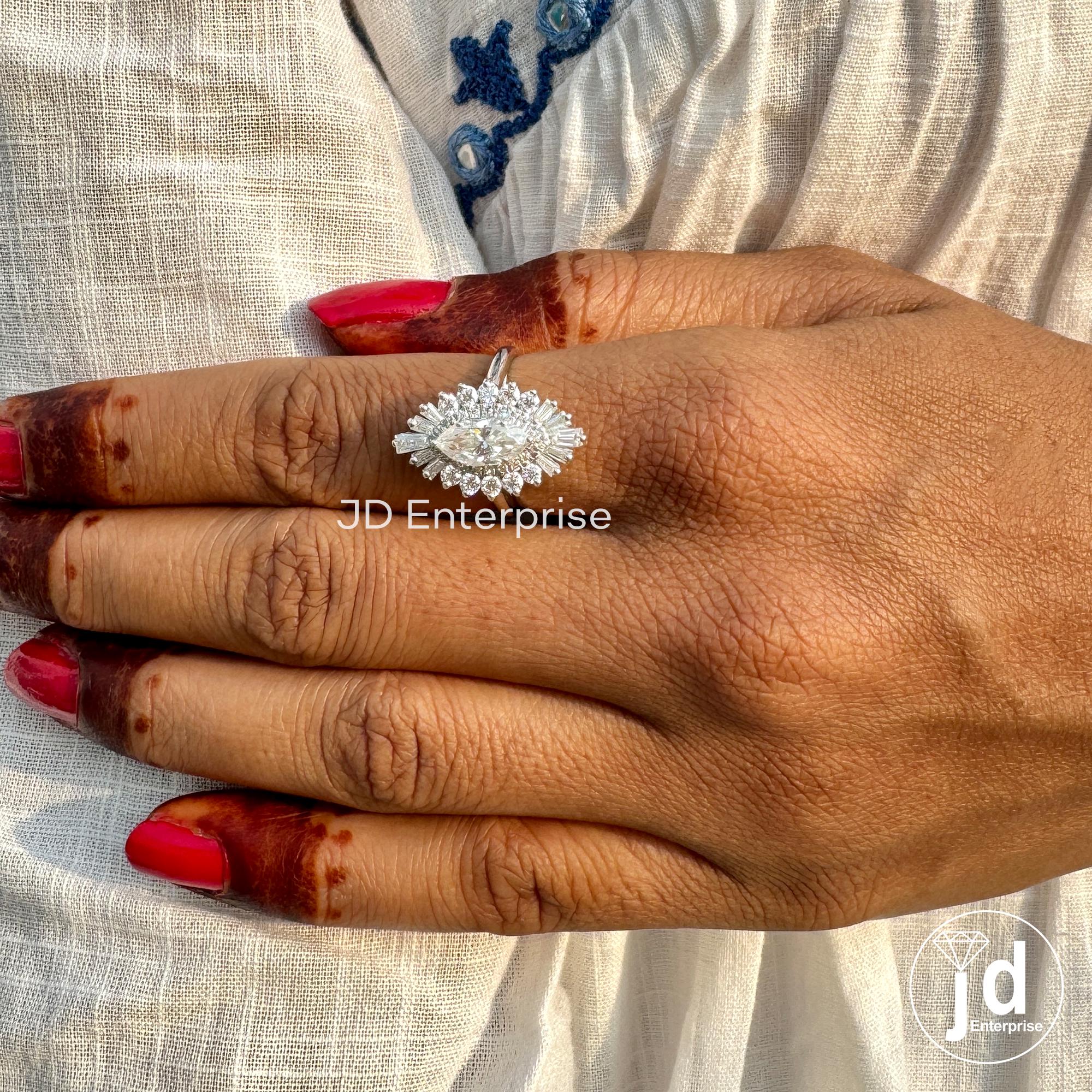 Celebrity Style Marquise Moissanite Engagement Ring, 2.15 TW Baguette and Round Cut Double Halo Wedding Ring, Starburst Halo Bridal Ring