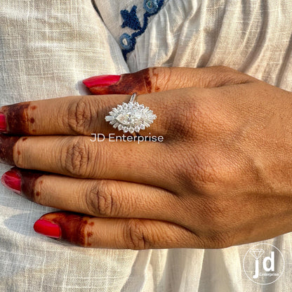 Celebrity Style Marquise Moissanite Engagement Ring, 2.15 TW Baguette and Round Cut Double Halo Wedding Ring, Starburst Halo Bridal Ring