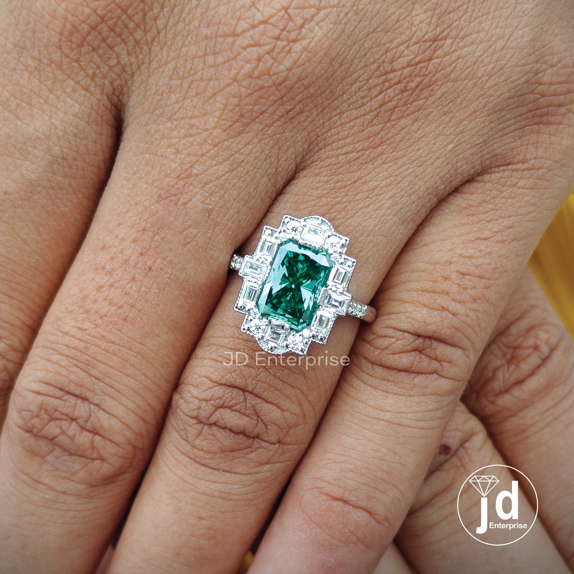 Vintage 2.0 CT Radiant Cut Green Moissanite Engagement Ring, Halo Wedding Ring, Milgrain Ring, Art Deco Ring, Anniversary Ring, Promise Ring