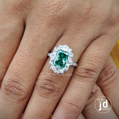 Vintage 2.0 CT Radiant Cut Green Moissanite Engagement Ring, Halo Wedding Ring, Milgrain Ring, Art Deco Ring, Anniversary Ring, Promise Ring