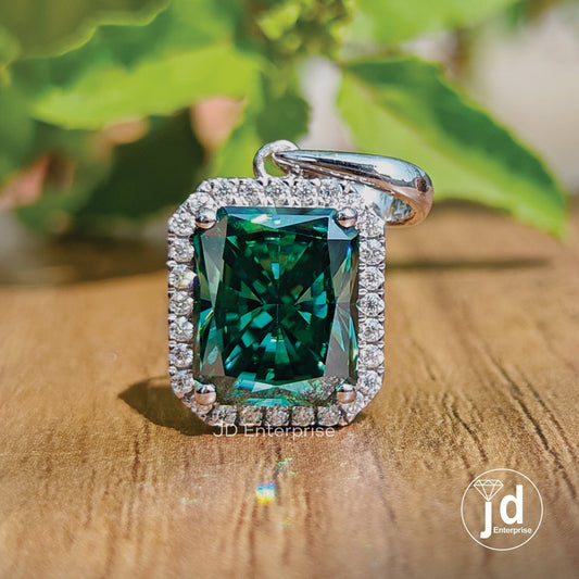 5.00 CT Green Radiant Cut Moissanite Pendant for Necklace, Halo Wedding Pendant, Bridal Set, Basket Set Pendant for Anniversary Gifts