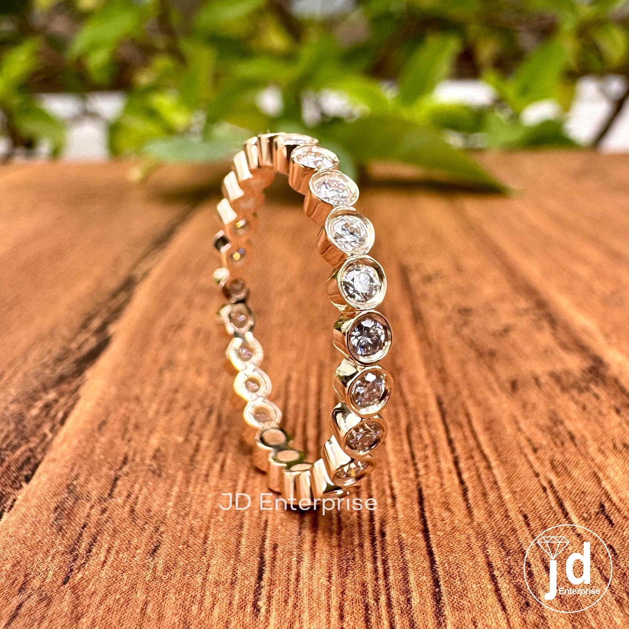 2.00 MM Colorless Round Moissanite Bezel Set Band, Full Eternity Wedding Band, Matching Band, Yellow Gold Band, Anniversary Gift for Her