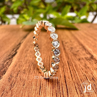 2.00 MM Colorless Round Moissanite Bezel Set Band, Full Eternity Wedding Band, Matching Band, Yellow Gold Band, Anniversary Gift for Her