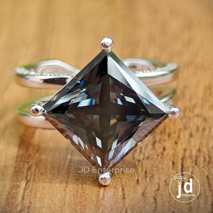 4.70 CT Princess Cut Dark Grey Moissanite Engagement Ring, Hidden Halo Wedding Ring, Compass Set, Split Pave Ring, Anniversary Gift Ring