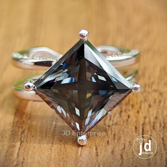 4.70 CT Princess Cut Dark Grey Moissanite Engagement Ring, Hidden Halo Wedding Ring, Compass Set, Split Pave Ring, Anniversary Gift Ring