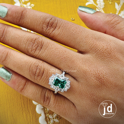 Vintage 2.0 CT Radiant Cut Green Moissanite Engagement Ring, Halo Wedding Ring, Milgrain Ring, Art Deco Ring, Anniversary Ring, Promise Ring