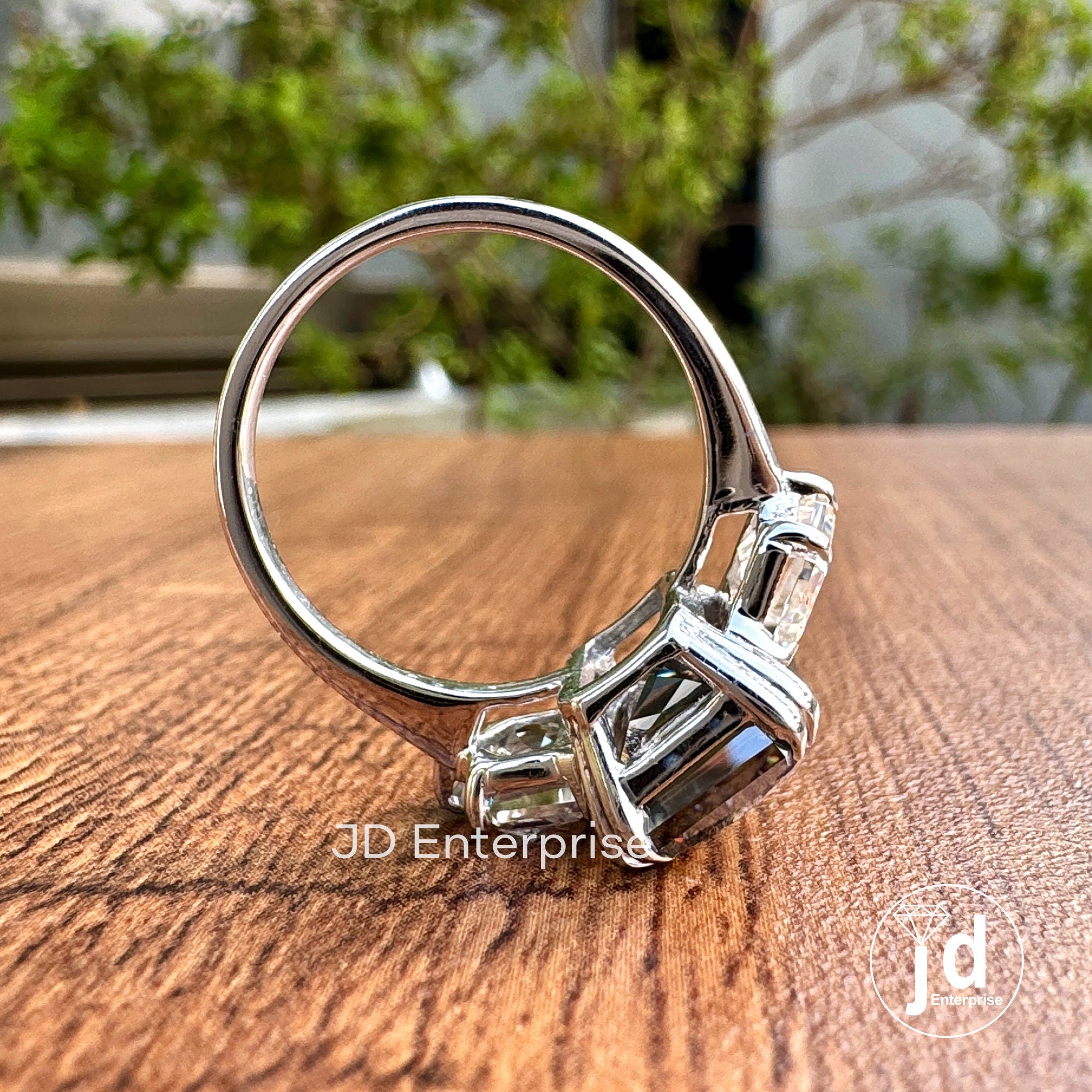Three Stone Engagement Ring, Large 5.50 CT Criss Cut Grey Moissanite Wedding Ring, Cadillac Cut Cocktail Ring, Trilogy Ring, Bridal Ring