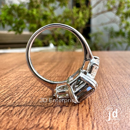 Three Stone Engagement Ring, Large 5.50 CT Criss Cut Grey Moissanite Wedding Ring, Cadillac Cut Cocktail Ring, Trilogy Ring, Bridal Ring