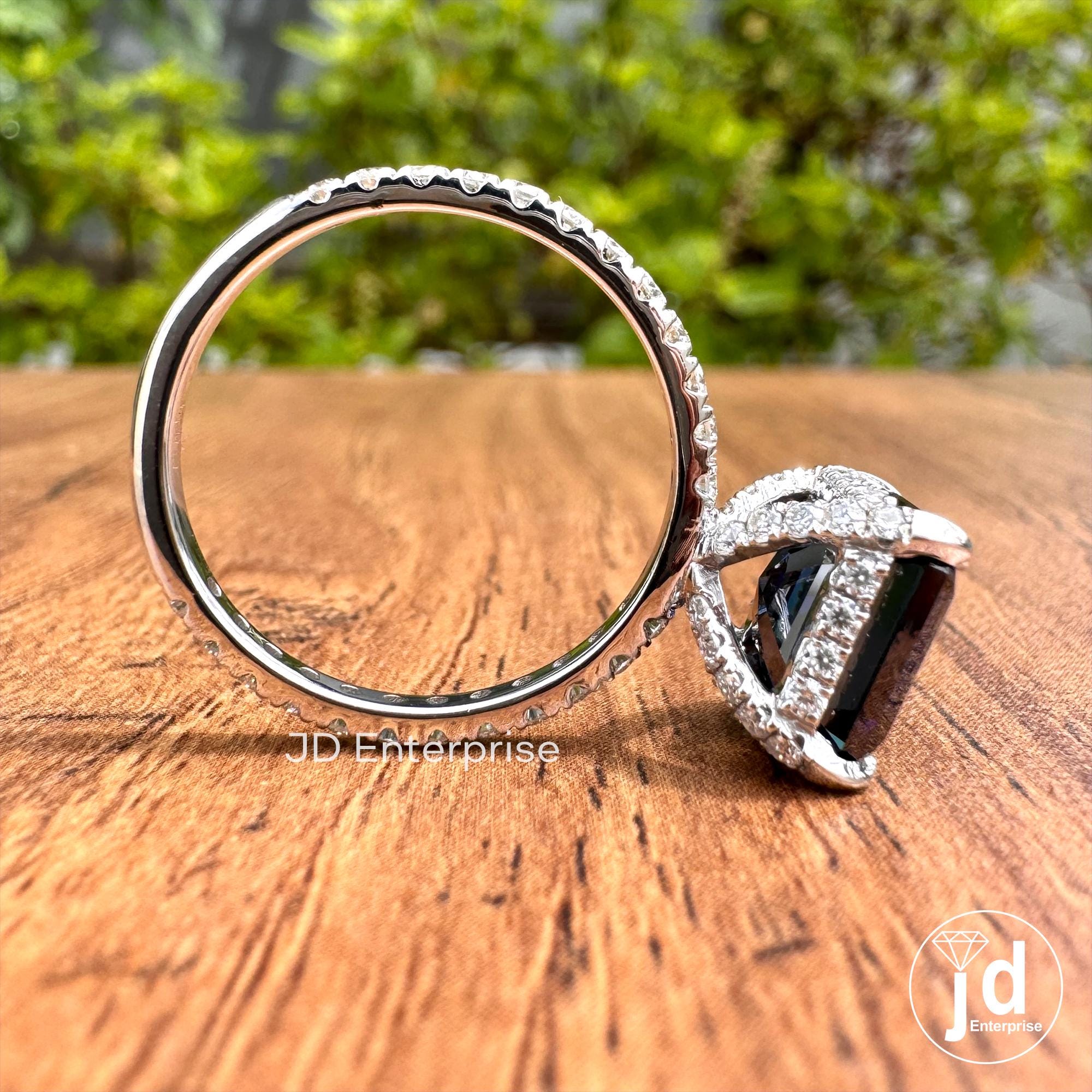 4.00 CT Dark Blue Asscher Moissanite Diamond Ring, Hidden Halo Engagement Ring, Unique Pave Set Wedding Ring, Claw Prong Anniversary Ring