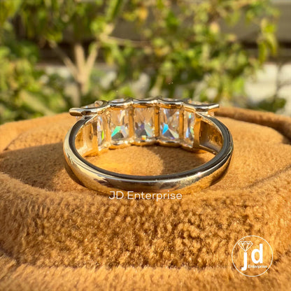 Radiant Cut Five Stone Ring, Moissanite Wedding Band, Unique Half Eternity Stacking Band, Thick Bands, Anniversary Gifts Ring for Women