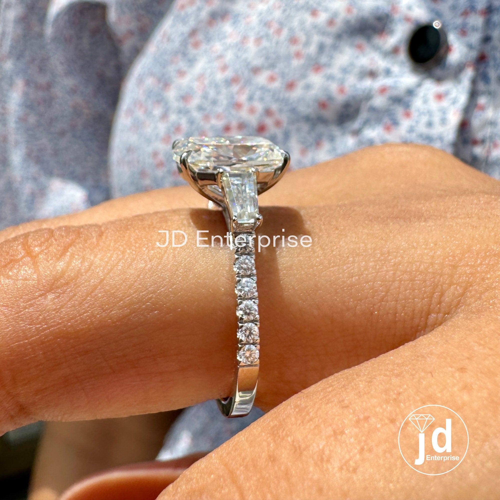3.20 TW Elongated Cushion Moissanite Ring, Three Stone Engagement Ring, Side Tapered Baguettes Wedding Ring, Pave Set Propose Ring for Women
