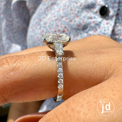 3.20 TW Elongated Cushion Moissanite Ring, Three Stone Engagement Ring, Side Tapered Baguettes Wedding Ring, Pave Set Propose Ring for Women