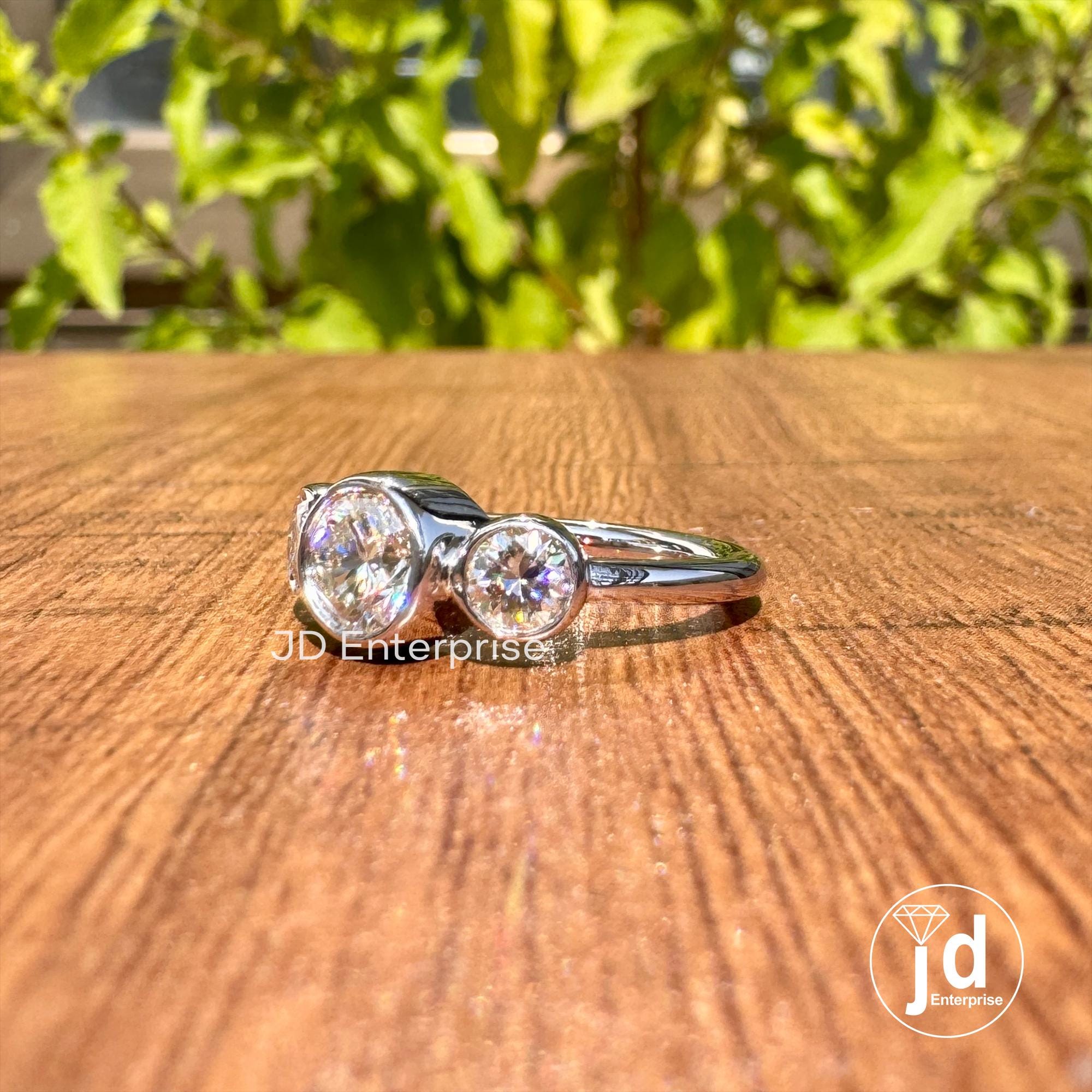 1.09 TW Colorless Round Moissanite Engagement Ring, Bezel Set Moissanite Ring, Three Stone Wedding Ring, Anniversary Ring, Bridal Ring