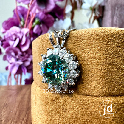 Flower Style 4.00 CT Round Cut Cluster Halo Wedding Pendant, Blue Green Moissanite Charm Pendant for Necklace, Engagement/Anniversary Gifts