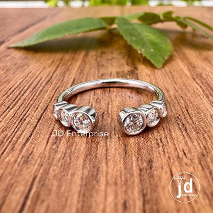 Open Cuff Round Cut Moissanite Wedding Band, Bezel Set Matching Engagement Band, Dainty Stacking Band, Half Eternity Stackable Ring