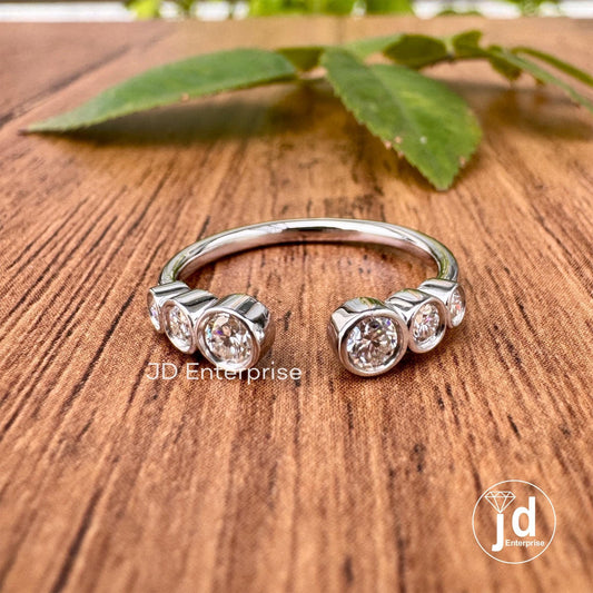 Open Cuff Round Cut Moissanite Wedding Band, Bezel Set Matching Engagement Band, Dainty Stacking Band, Half Eternity Stackable Ring