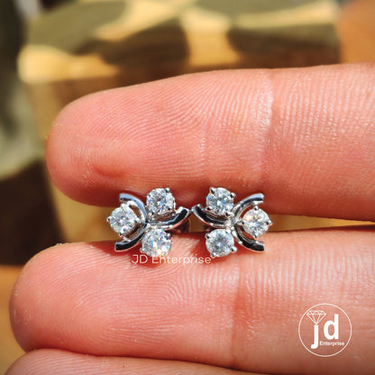 Floral Stud Earrings in Three Stone Design, 3.0 MM Round Cut Colorless Moissanite Stud Earrings, Birthday/Anniversary Statement Gift for Her