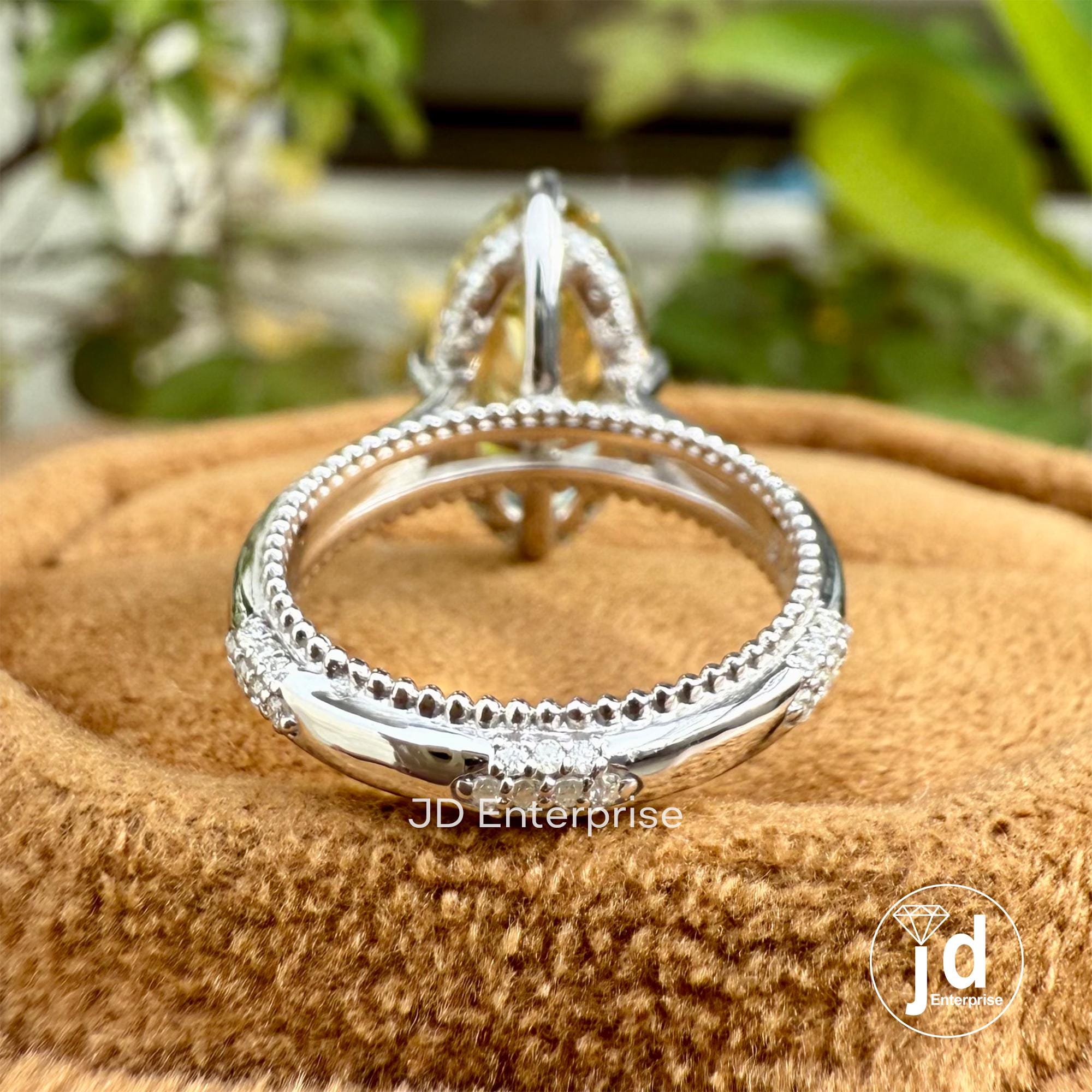 Canary Yellow Moissanite Engagement Ring, 4.00 CT Antique Elongated Oval Wedding Ring, Hidden Halo Milgrain Ring, Anniversary Gift Ring