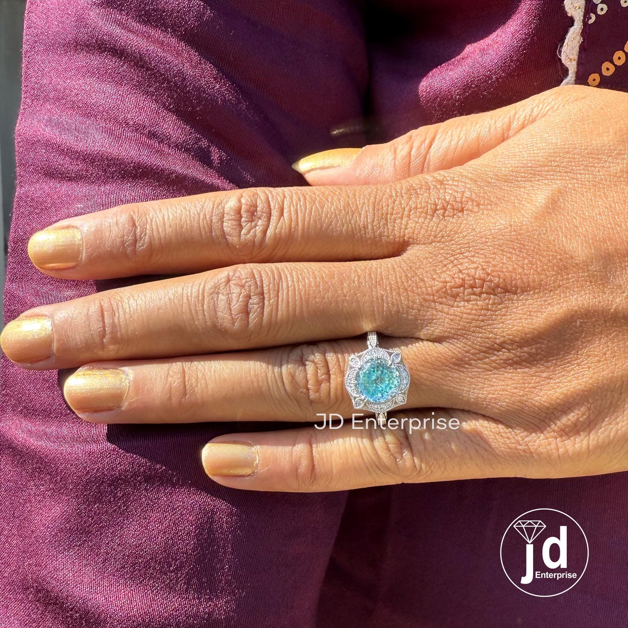 2.50 CT Cyan Blue Portuguese Halo Engagement Ring, Art Deco Wedding Ring, Nature Inspired Floral Ring, Vintage Filigree Anniversary Ring