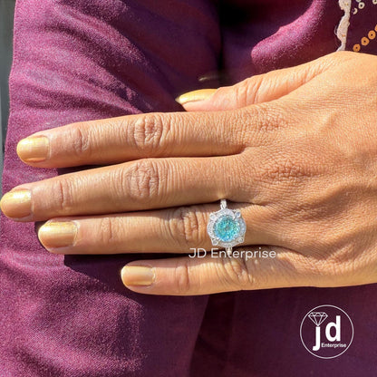 2.50 CT Cyan Blue Portuguese Halo Engagement Ring, Art Deco Wedding Ring, Nature Inspired Floral Ring, Vintage Filigree Anniversary Ring