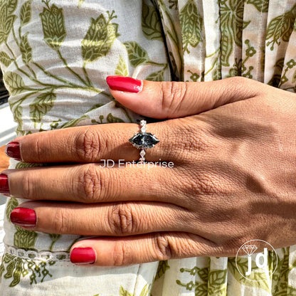 Dutch Marquise Cut Dark Grey Moissanite Engagement Ring, 3.00CT Moissanite Hidden Halo Wedding Ring for Women, Claw Prongs, Comfort Fit Ring