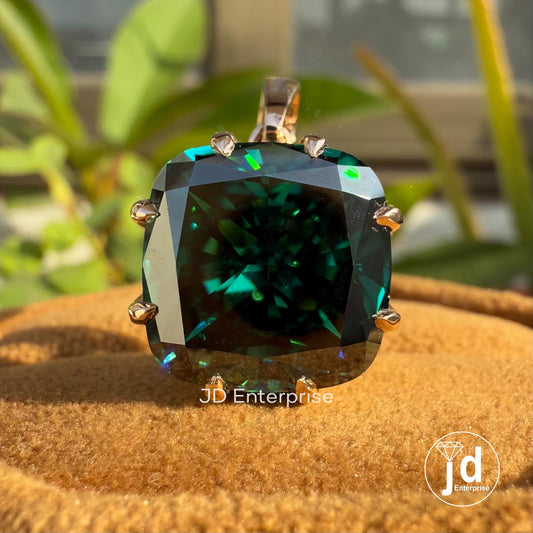 12.50 CT Cushion Cut Dark Green Moissanite Pendant for Necklaces, Vintage Solitaire Wedding Pendant, Claw Prong Setting, Rose Gold Pendant