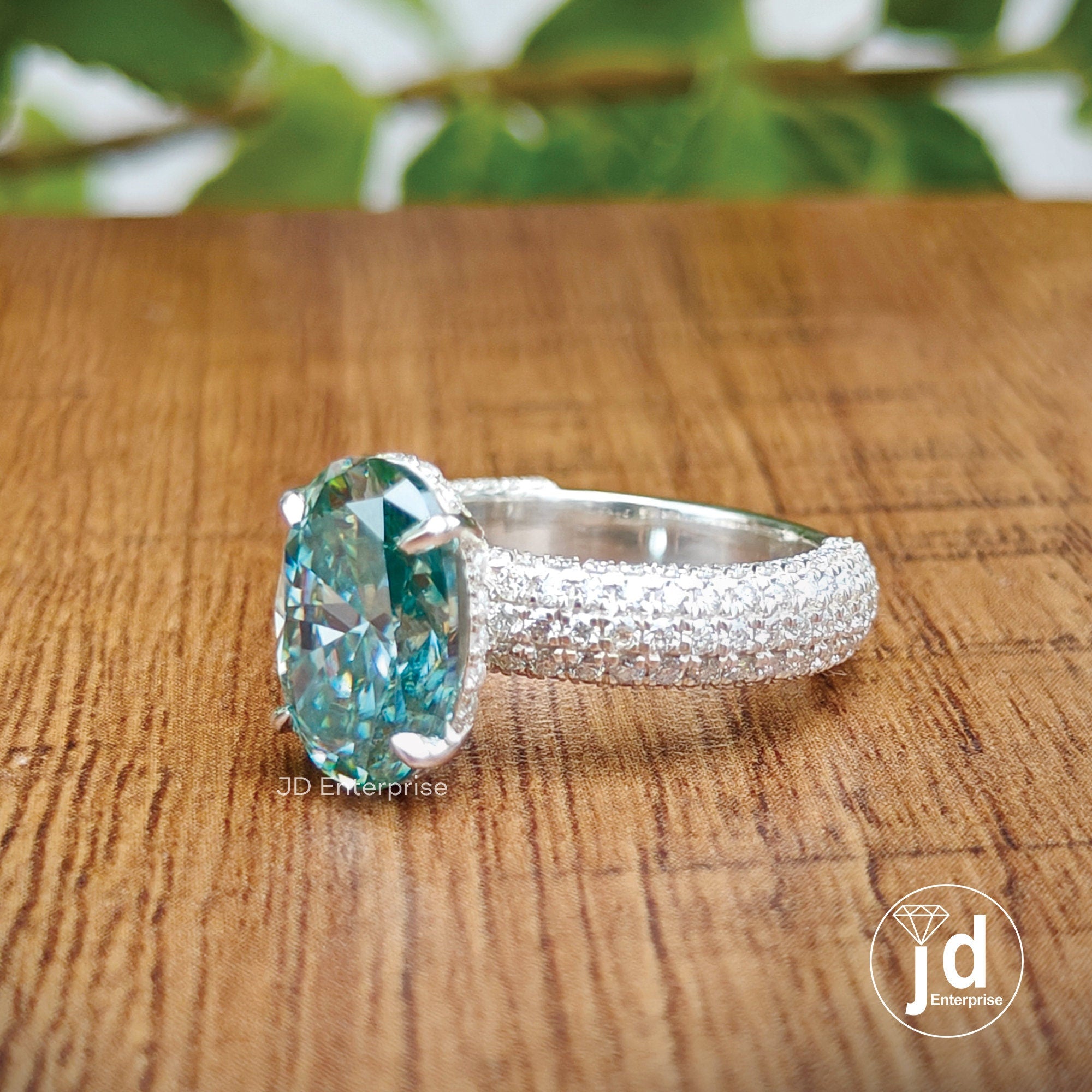 3.50 CT Cyan Blue Oval Cut Moissanite Engagement Ring, Hidden Halo Wedding Ring, Three Side Pave Anniversary Ring, Wide Band, Bridal Ring