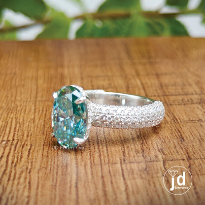 3.50 CT Cyan Blue Oval Cut Moissanite Engagement Ring, Hidden Halo Wedding Ring, Three Side Pave Anniversary Ring, Wide Band, Bridal Ring