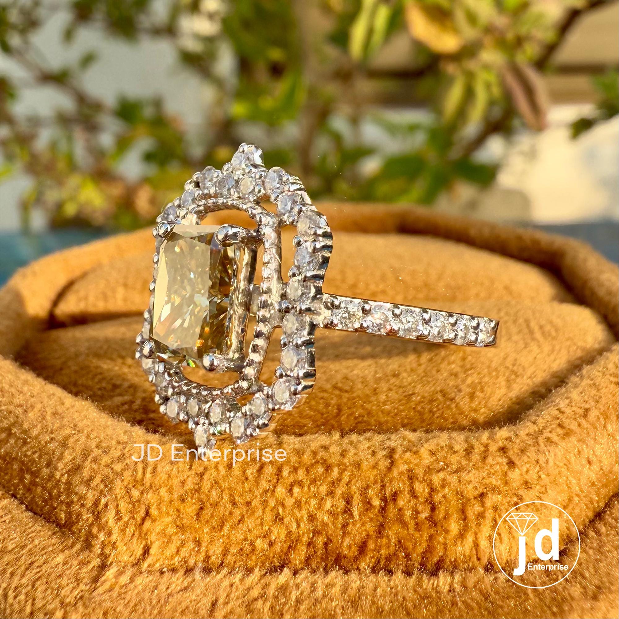 1.50 CT Radiant Cut Canary Yellow Moissanite Engagement Ring, Flower Style Halo Wedding Ring, Milgrain Ring, Art Deco Accent Bridal Ring Set