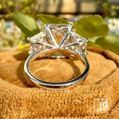 11.00 TCW Large Radiant Cut Moissanite Engagement Ring, Three Stone Celebrity Style Wedding Ring, Trapezoid Cut, Claw Prongs, Bride Ring Set
