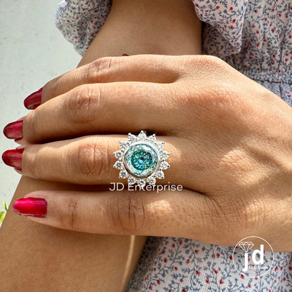 2.25 carat Cyan Blue Portuguese Cut Moissanite Engagement Ring, Antique Halo Ring for Women, Floral Style Wedding Ring, Bespoken Ring