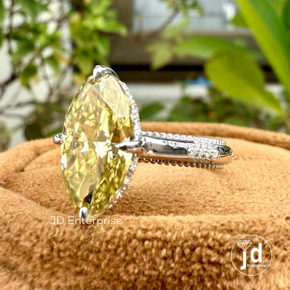 Canary Yellow Moissanite Engagement Ring, 4.00 CT Antique Elongated Oval Wedding Ring, Hidden Halo Milgrain Ring, Anniversary Gift Ring