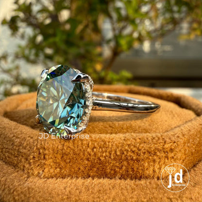 6.50 CT Sparkling Round Cut Cyan Blue Moissanite Engagement Ring, Hidden Halo Ring, Petite Pave Wedding Ring, Anniversary Gift Ring