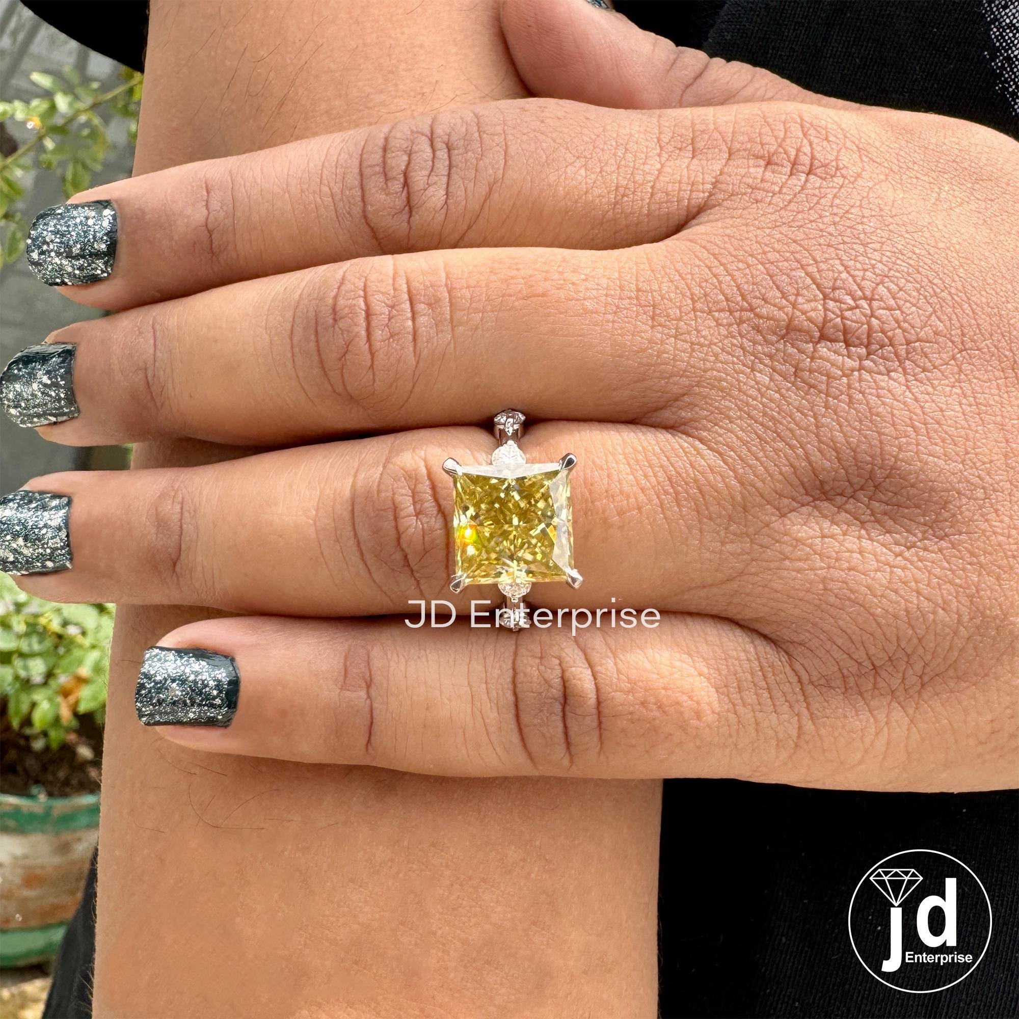 5.35 CT Princess Cut Canary Yellow Moissanite Engagement Ring, Anniversary Gift Ring for Her, Distance Pave Wedding Ring, Best Proposal Ring